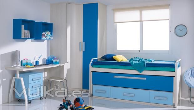 Armario rincon y compacto con zona estudio en colores azules. Dormitorio juvenil Whynot New