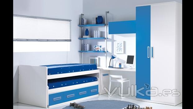 Compacto en color blanco y azul. Dormitorio juvenil Whynot New