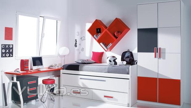 Mobiliario juvenil en color blanco y rojo. Dormitorio juvenil Whynot New