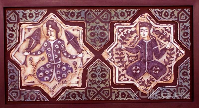Interpretacin en relieve de azulejos de ocho y cuatro puntas del Palacio de Kabadabad, junto a Konya, turquia. ...