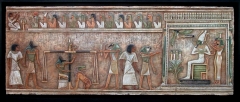 Relieve inspirado en la escena principal del libro de la oculta morada, papiro de ani, egipto.   155x62x3 cm.