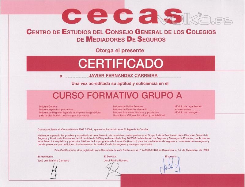 QUIRINO & BROKERS - Certificado del CECAS del CURSO SUPERIOR DE SEGUROS de Javier Fernndez Carreira