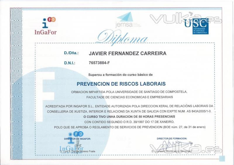 QUIRINO & BROKERS - DIPLOMA del curso de Prevencin de Riesgos Laborales impartido por la UNIVERSIDAD DE SANTIAGO ...