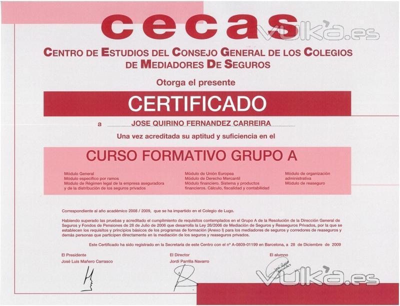 QUIRINO & BROKERS - Certificado del CECAS del CURSO SUPERIOR DE SEGUROS de José Quirino Fernández Carreira