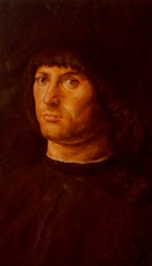 retrato al óleo en pequeño formato, inspirado en Antonello da Messina.
