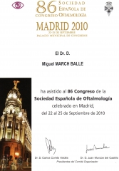 Diploma de asistencia al 86 congreso de la sociedad espaola de oftalmologa. madrid. septiembre 2010.