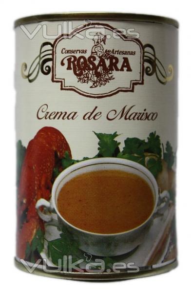 Crema de Marisco en lata de 1/2 Kg. Ingredientes: cigalas (25%), bogavante (15%), nécoras, langostinos, hortalizas, ...
