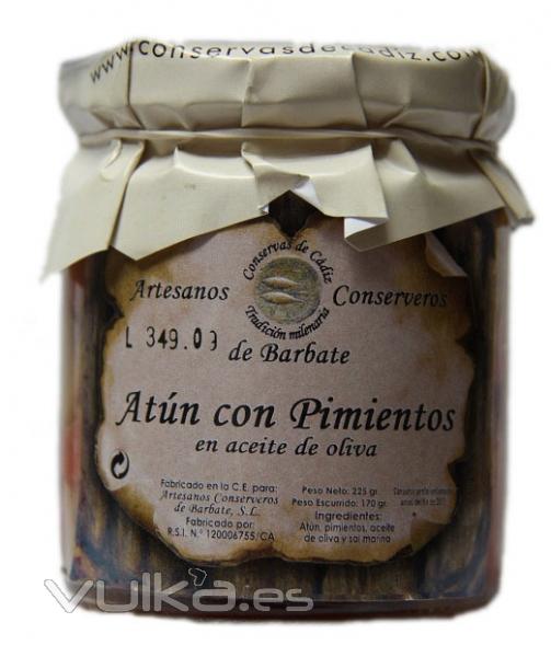 Gourmet - Atn con pimientos en aceite de oliva en frasco de cristal de 225 grs. El sabor de los productos de ...