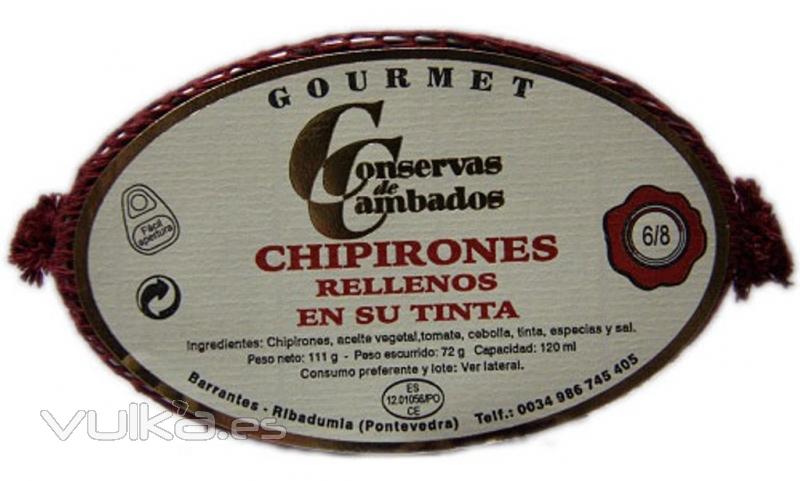 Gourmet - Chipirones rellenos en su tinta en lata de 120 grs. Ingredientes: Chipirones, aceite vegetal, tomate, ...