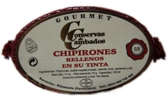 Gourmet - chipirones rellenos en su tinta en lata de 120 grs ingredientes: chipirones, aceite vegetal, tomate,