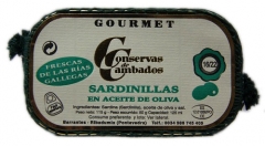 Sardinillas en aceite de oliva en lata de 125 grs sardinillas de las rias empacadas, cortadas y evisceradas a mano