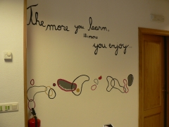 Detalle frase educativa en ingles en el pasillo central de la academia
