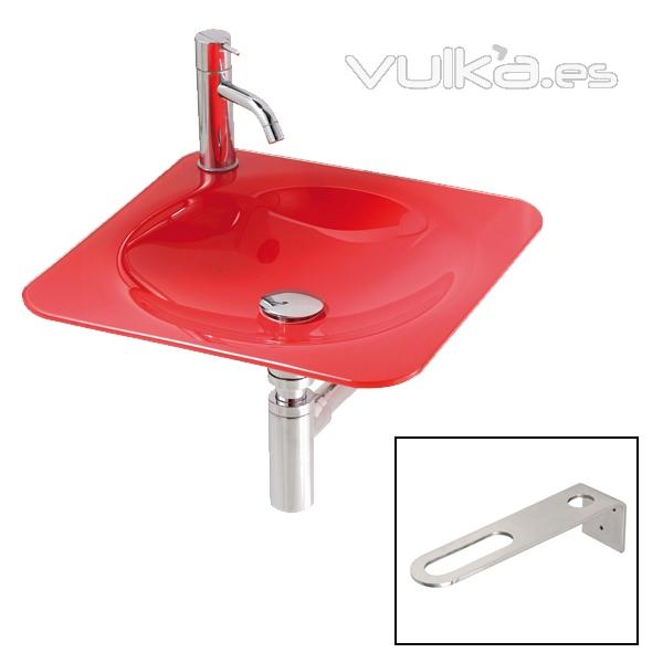 Lavabo de cristal MIAMI Rojo son soporte de acero curvo