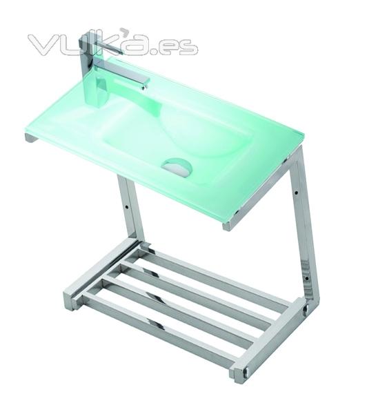 Lavabo de cristal TOP aquamarina con soporte de acero con bandeja