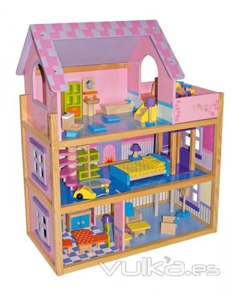 juguetes de madera www.giocojuguetes.com. Casa de muecas amueblada rosa.