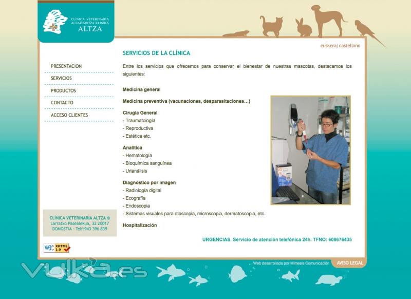 Página web de la Clínica Veterinaria Altza (Servicios)