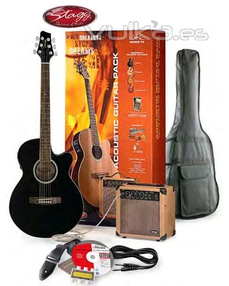 Set guitarra electroacustica stagg + ampli + accesorios + cd interactivo