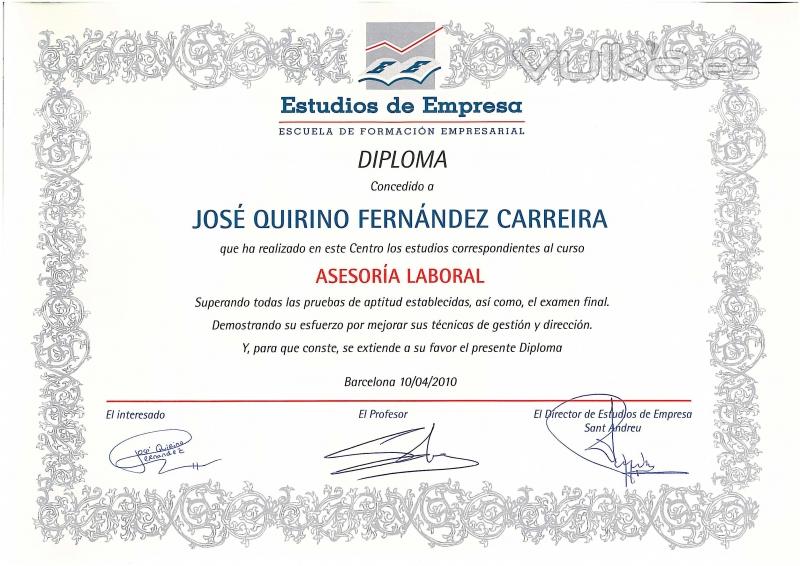 QUIRINO & BROKERS - Diploma de Asesor Laboral de José Quirino Fernández Carreira