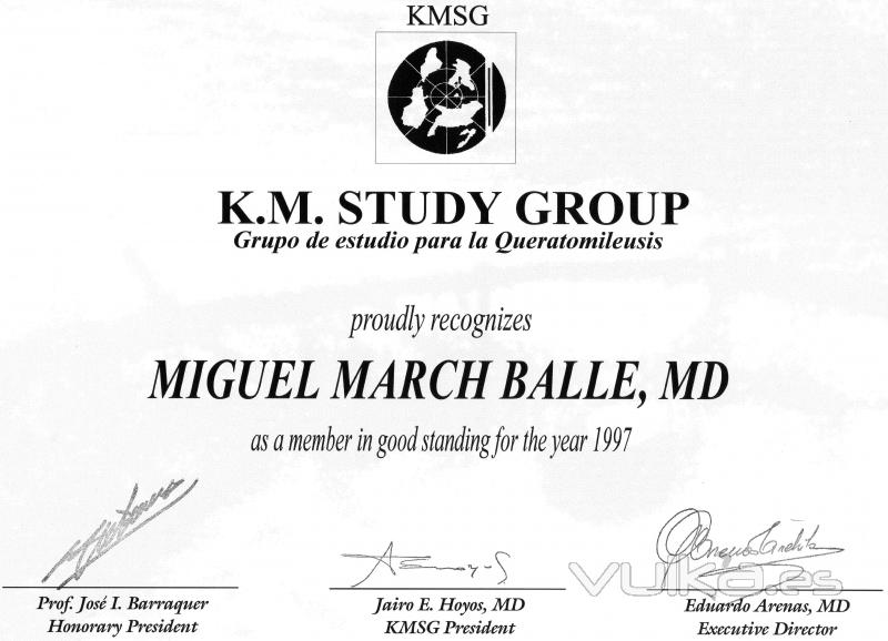 DIPLOMA DE MIEMBRO DEL GRUPO INTERNACIONAL DE ESTUDIO DE LA KERATOMILEUSIS (KMSG).1997.