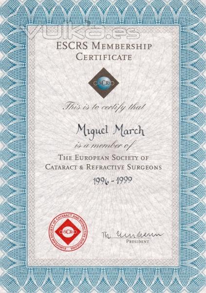 DIPLOMA DE MIEMBRO DE LA SOCIEDAD EUROPEA DE CIRUJANOS DE CATARATAS Y REFRACTIVA (ESCRS).