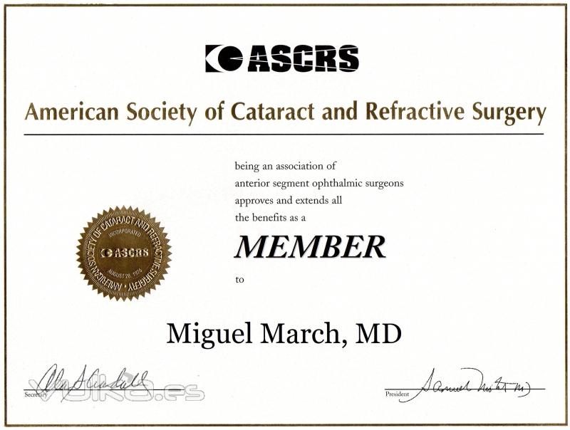 DIPLOMA DE MIEMBRO DE LA ASOCIACIN AMERICANA DE CIRUJANOS DE CATARATAS Y REFRACTIVA (ASCRS).