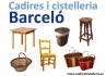 Sillas, mesas y taburetes de madera. Cestera de mimbre en Barcelona